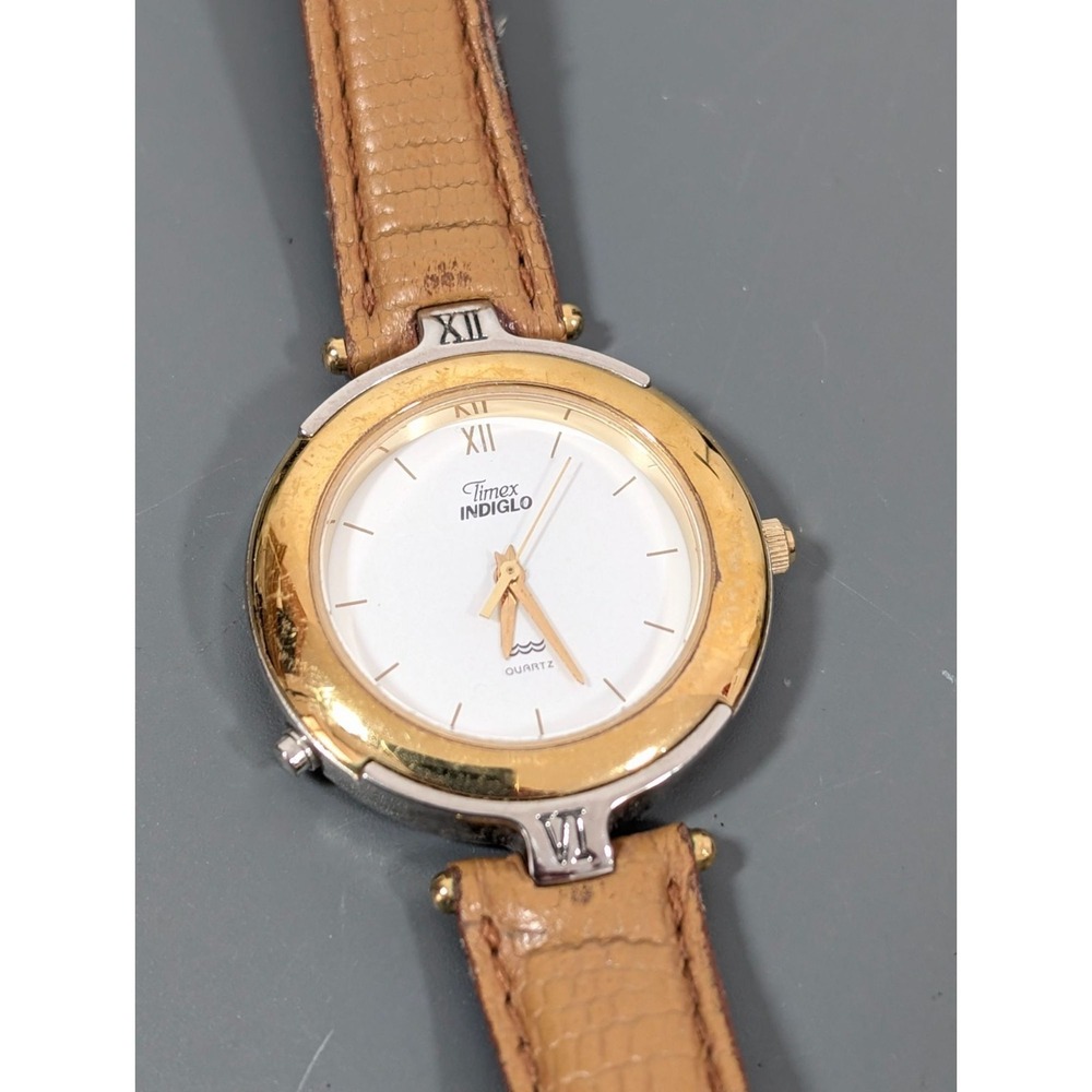 Timex Indiglo Womens Quartz Watch With Gold-Tone Bezel & Tan Leather Band